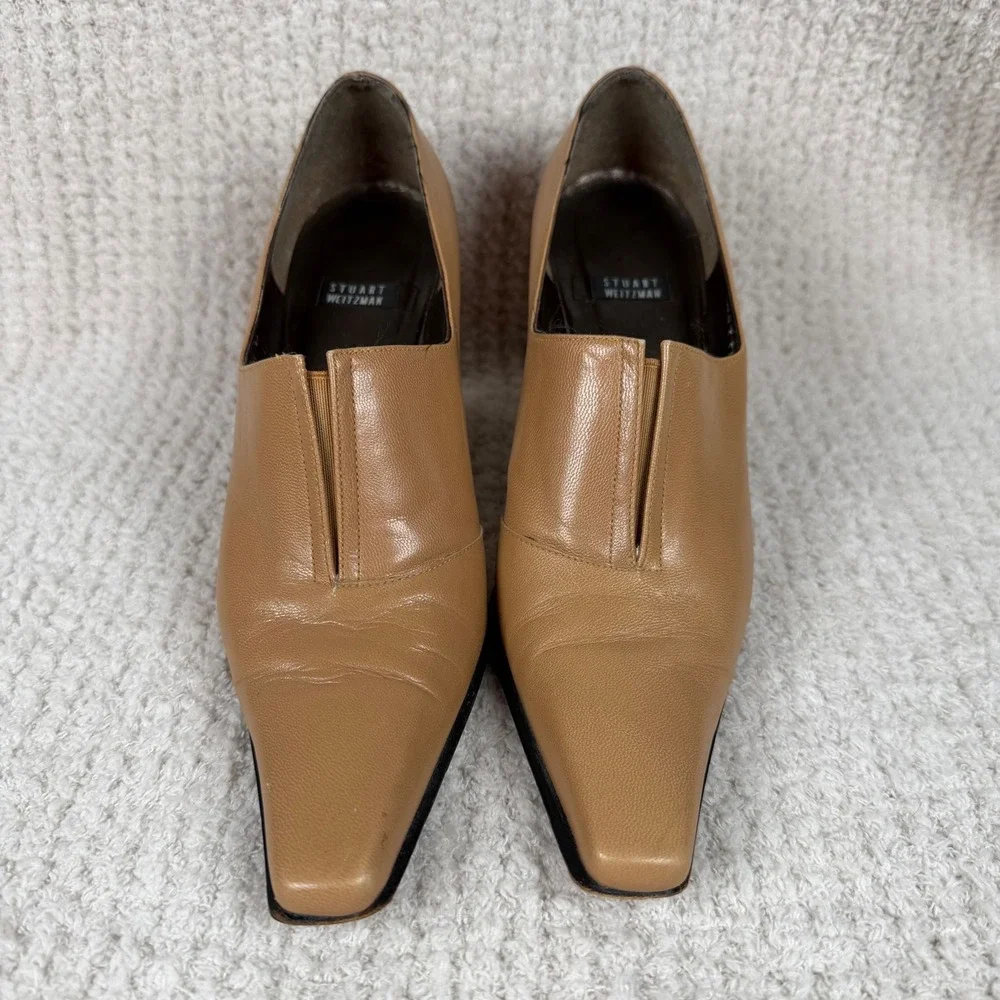 Stuart Weitzman Tan Leather Square‎ Toe Block Heel Pumps 6.5B Y2K Bootie Classic